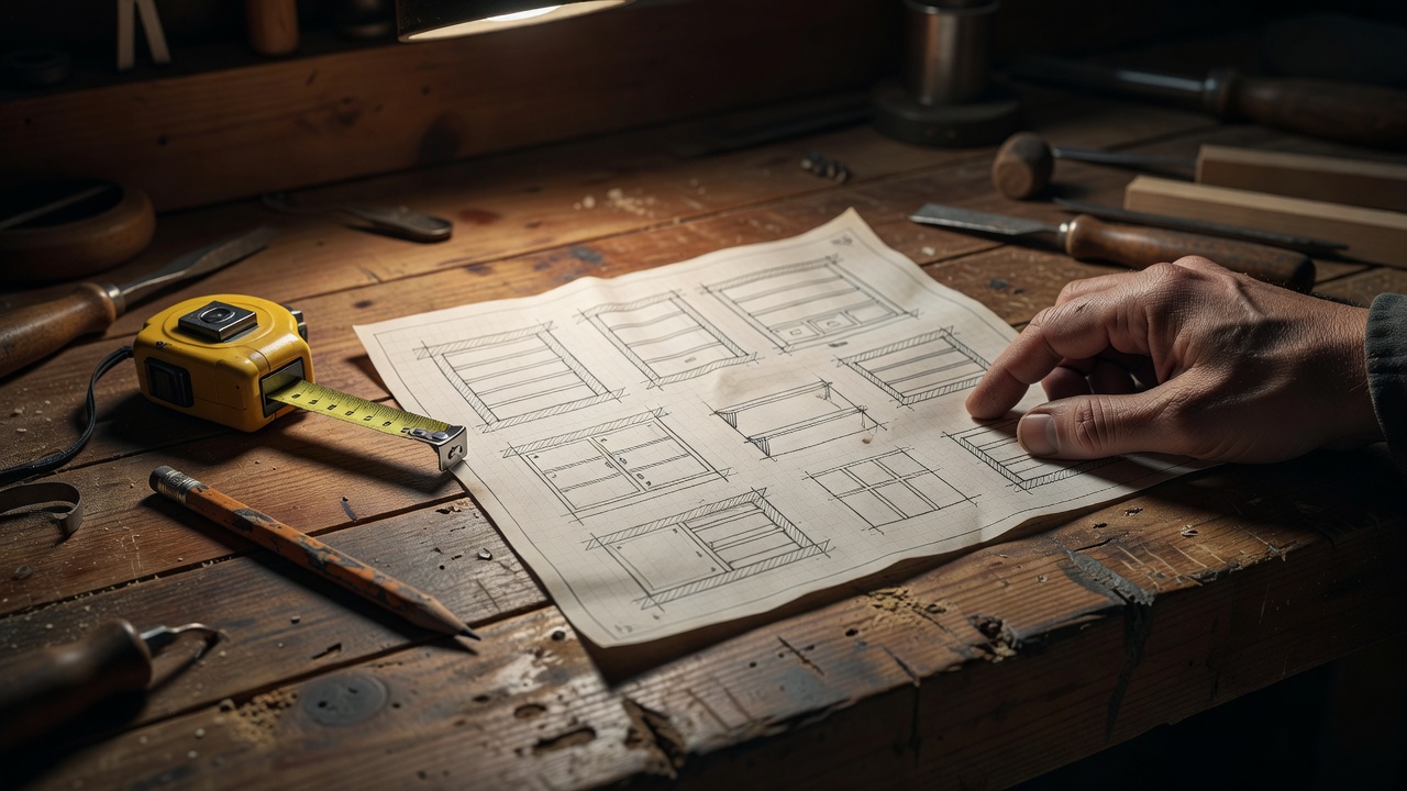 Workbench in low light with a tape measure, pencil and hand-drawn room storage plans