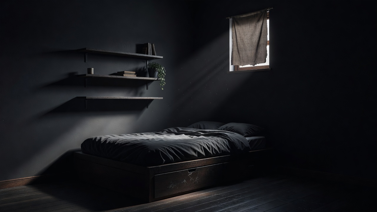 Compact bedroom in deep shadow with a single window light falling on wall-mounted shelves and a storage bed