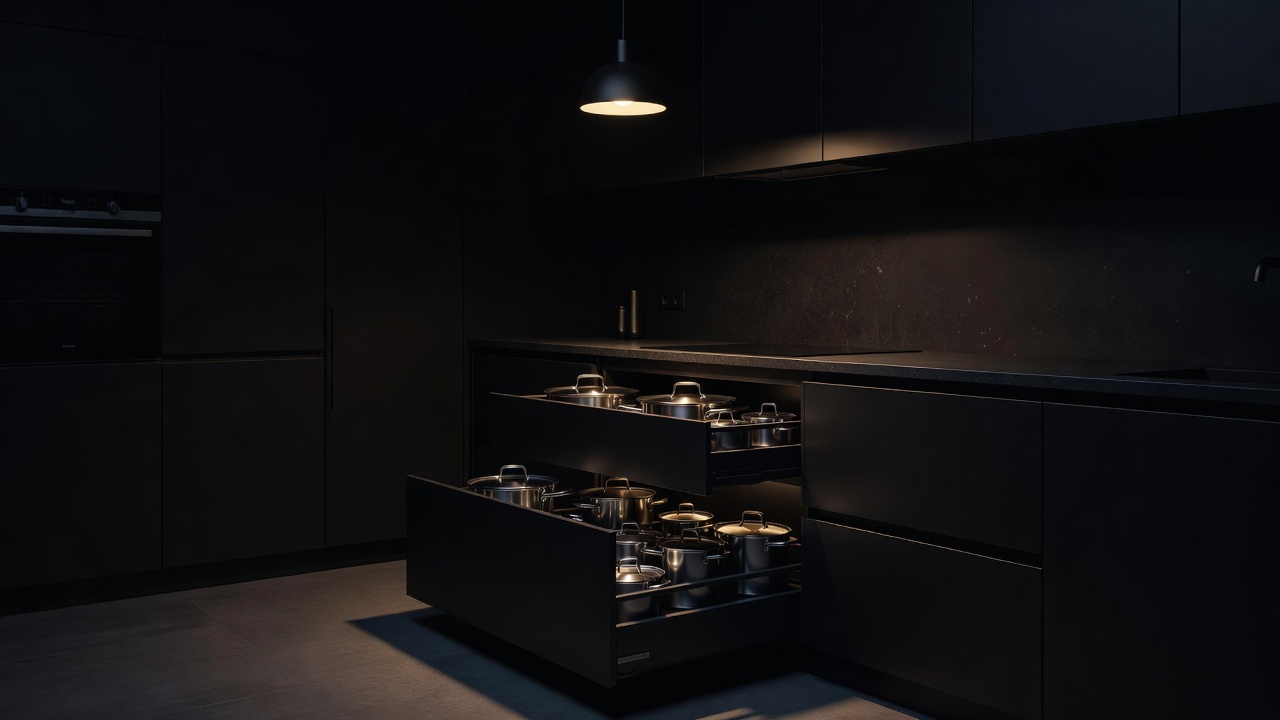 Dark kitchen with deep pan drawers open under a single pendant light, showing neatly stacked pots