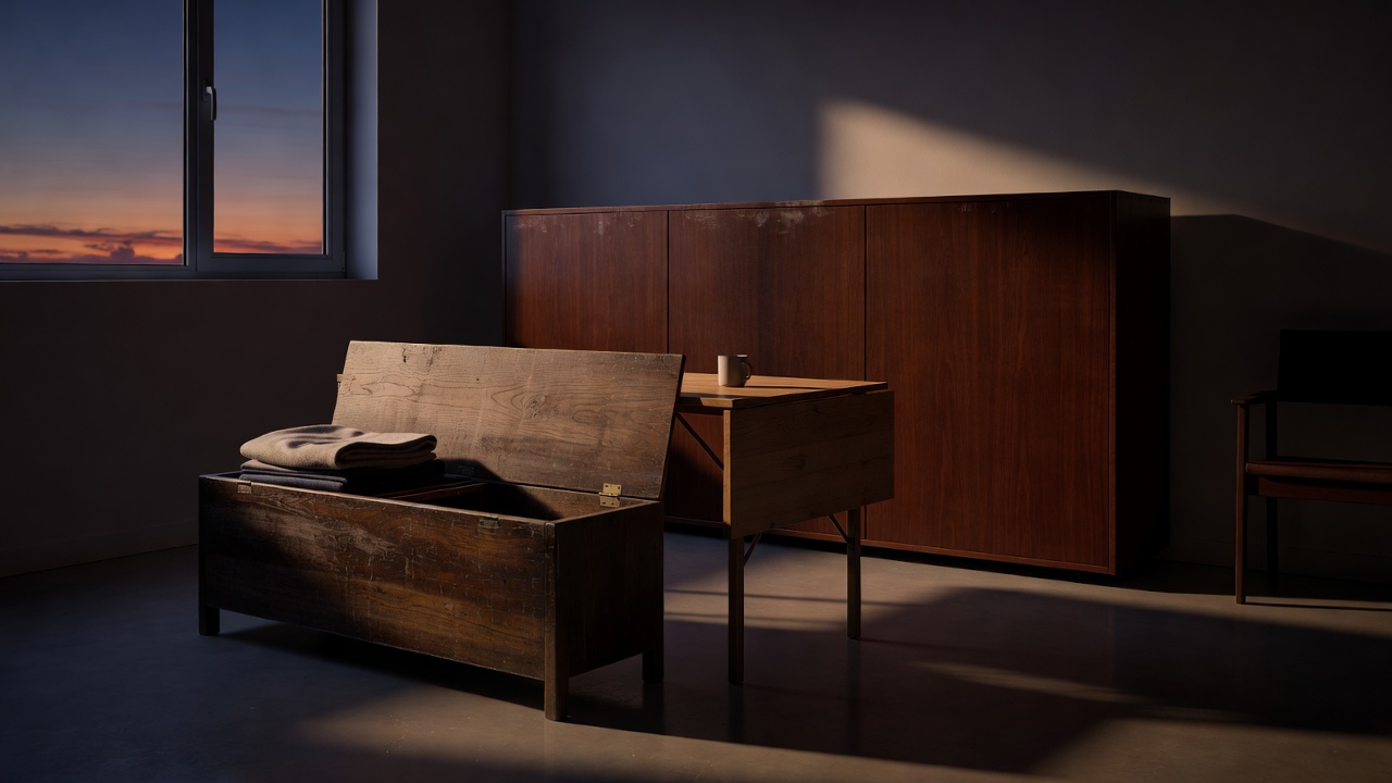 Studio flat at dusk with a storage bench, drop-leaf table and folded wall bed in deep contrast light