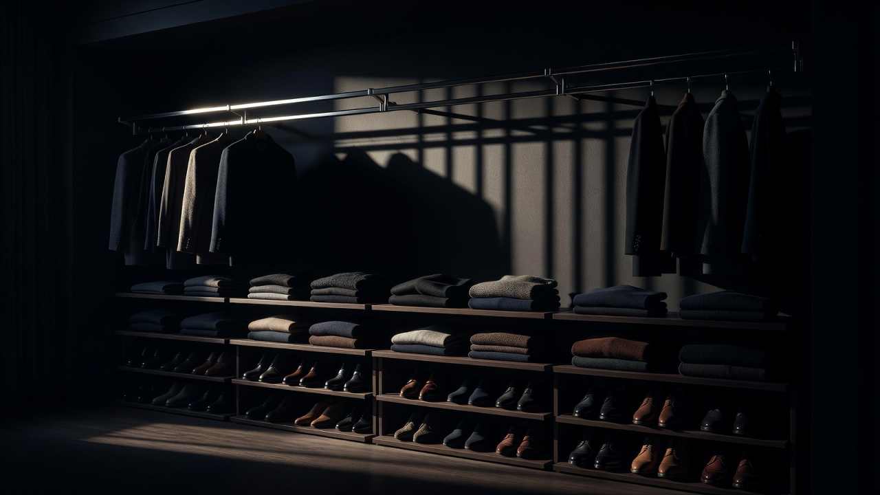 Wardrobe interior in dramatic low light with double hanging rails, folded knitwear on shelves and shoe racks