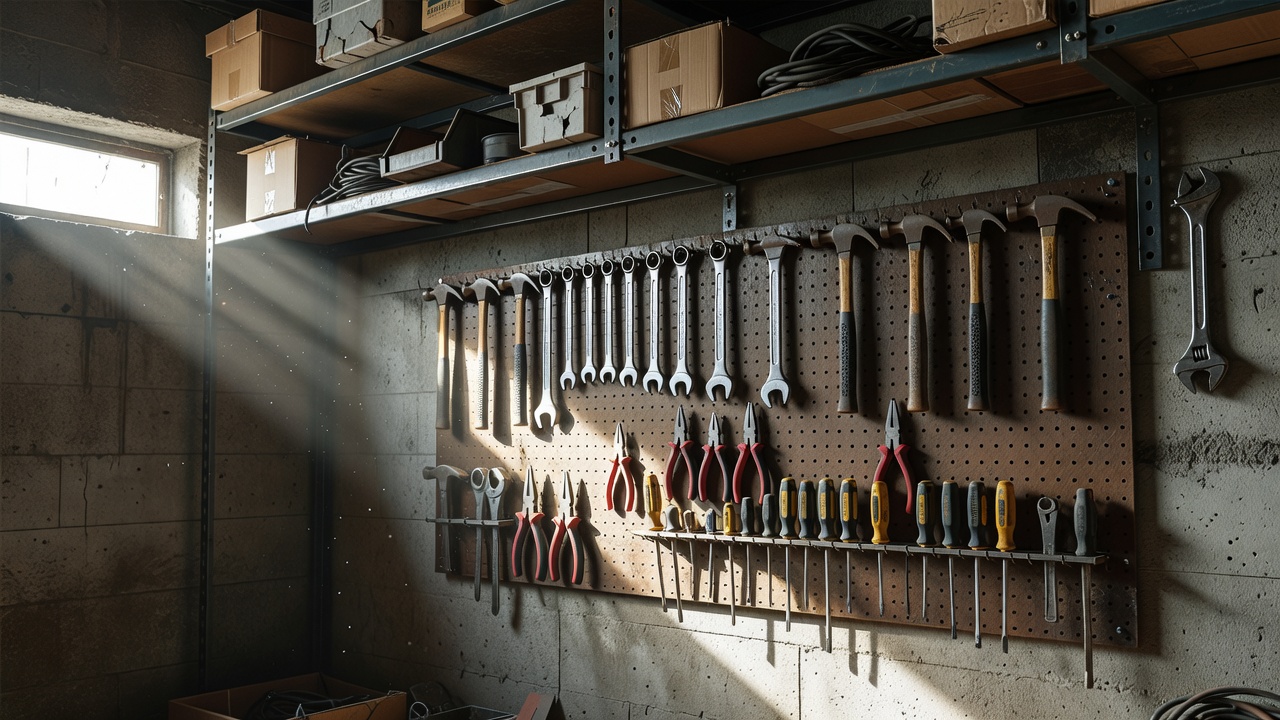 Garage wall with a pegboard of hand tools and overhead storage racks, lit by harsh side light